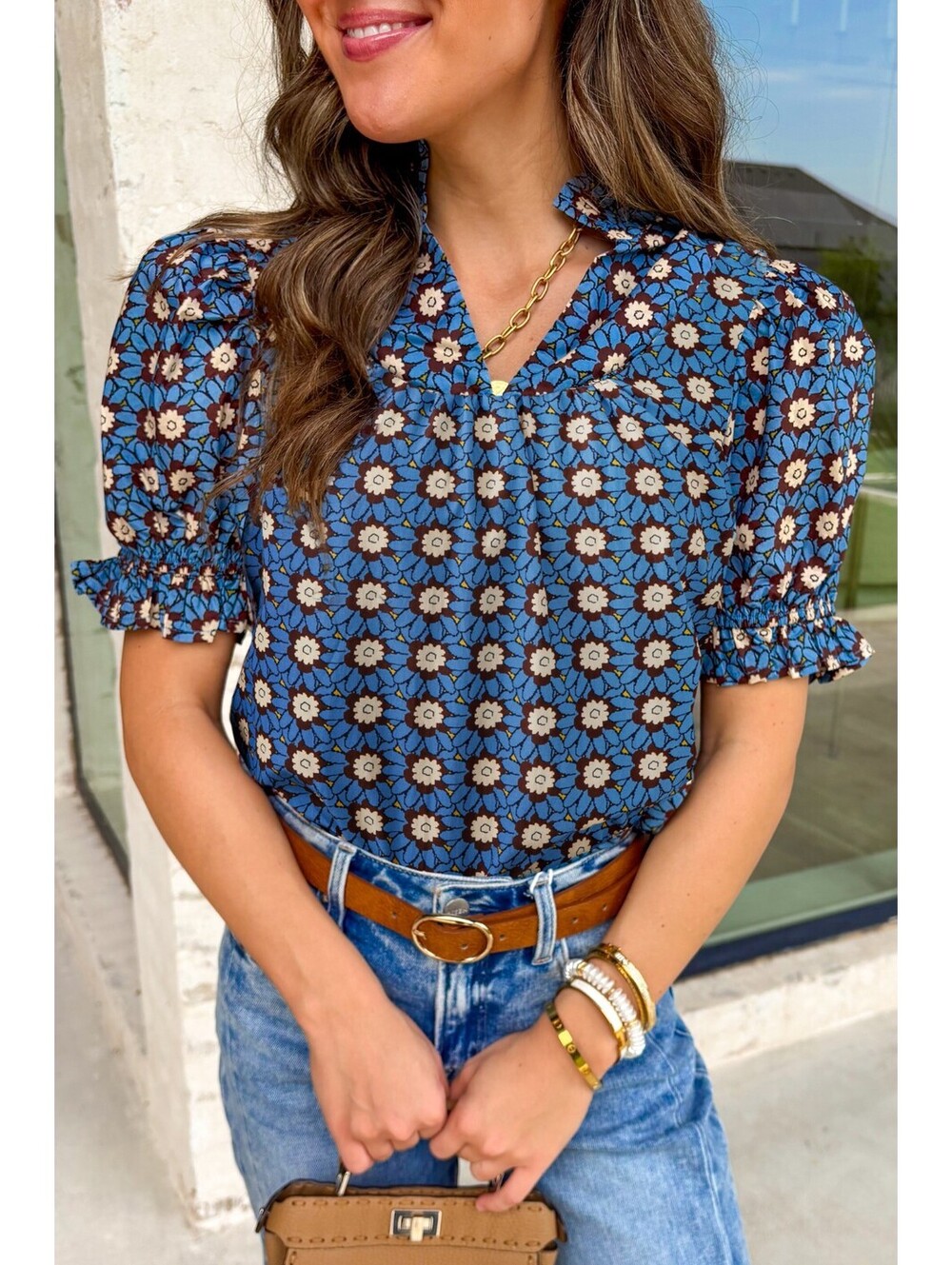 Blue Floral Patterned Short Sleeve Blouse with Ruffle Details